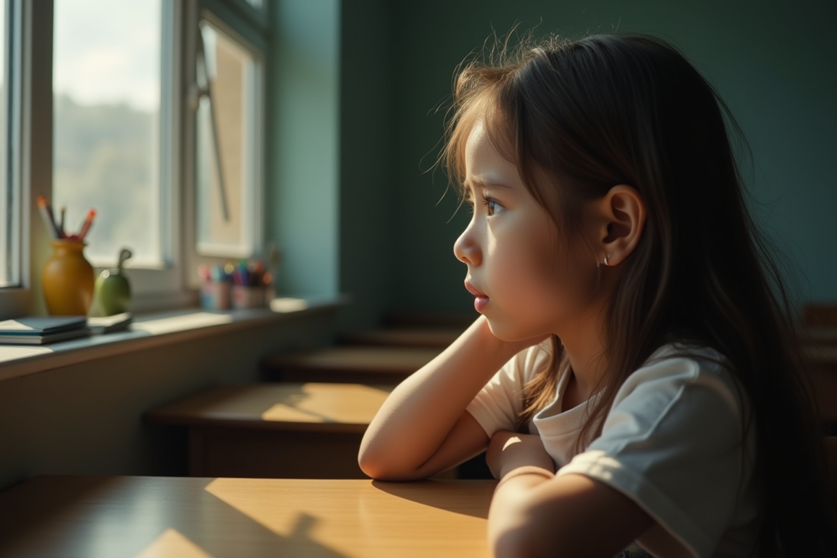 Fille regardant par la fenêtre de classe avec tristesse