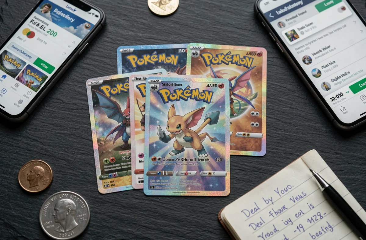 Flat-lay de cartes Pokémon rares holographiques avec comparateur de prix sur smartphone pour acheter moins cher