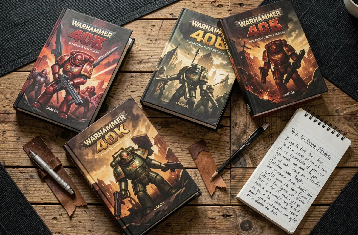 Flat lay de livres Warhammer 40K avec carnet de notes et marque-page sur une table en chêne