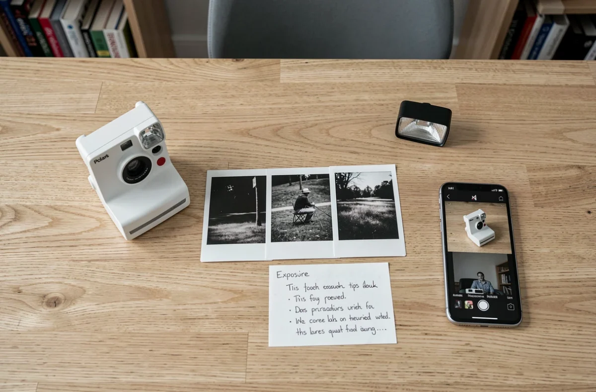 Vue de dessus d'un bureau avec appareil Polaroid, photos sombres et accessoires pour améliorer les prises de vue en intérieur