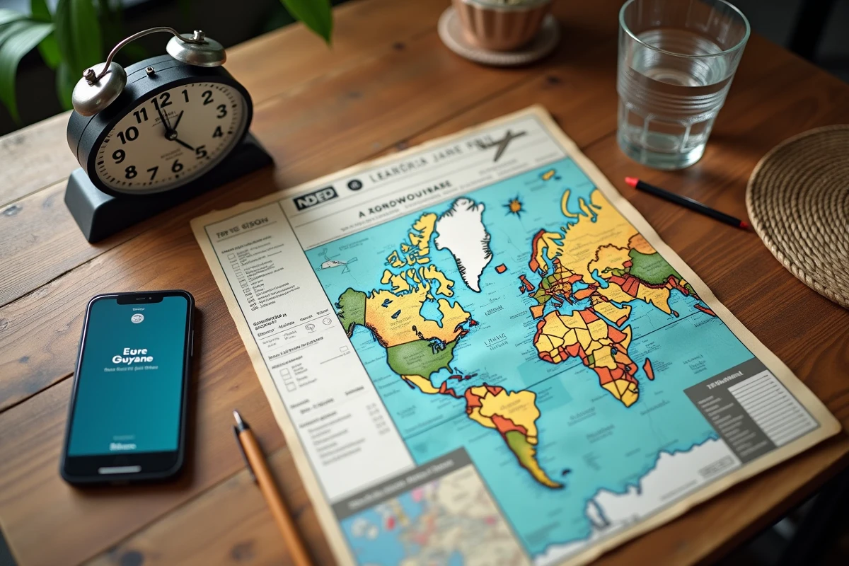 Vue aérienne d'un bureau avec carte des fuseaux horaires, horloge analogique, smartphone affichant l'heure en Guyane française et checklist de planification