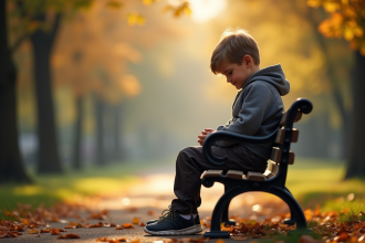 Jeune garçon assis seul sur un banc dans un parc en journée