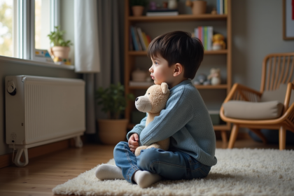 Jeune garçon sensible assis sur un tapis en laine regardant par la fenêtre