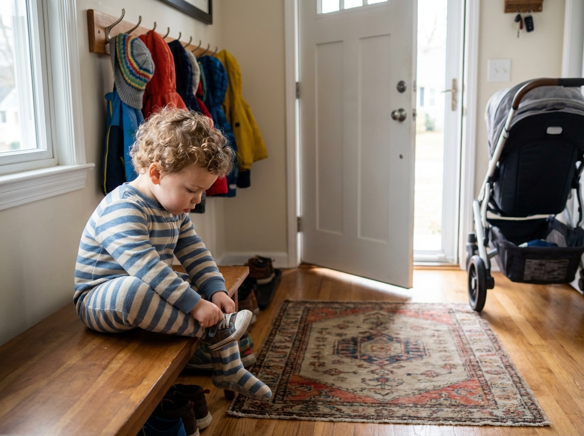 Garçon de 2 ans en chaussettes met ses chaussures dans l