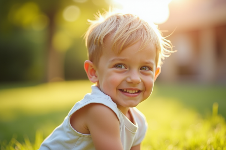 Jeune garçon souriant jouant dehors en plein air