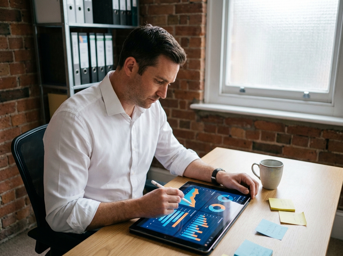 Un gestionnaire consulte des graphiques de profils clients sur tablette pour personnaliser les conditions de paiement
