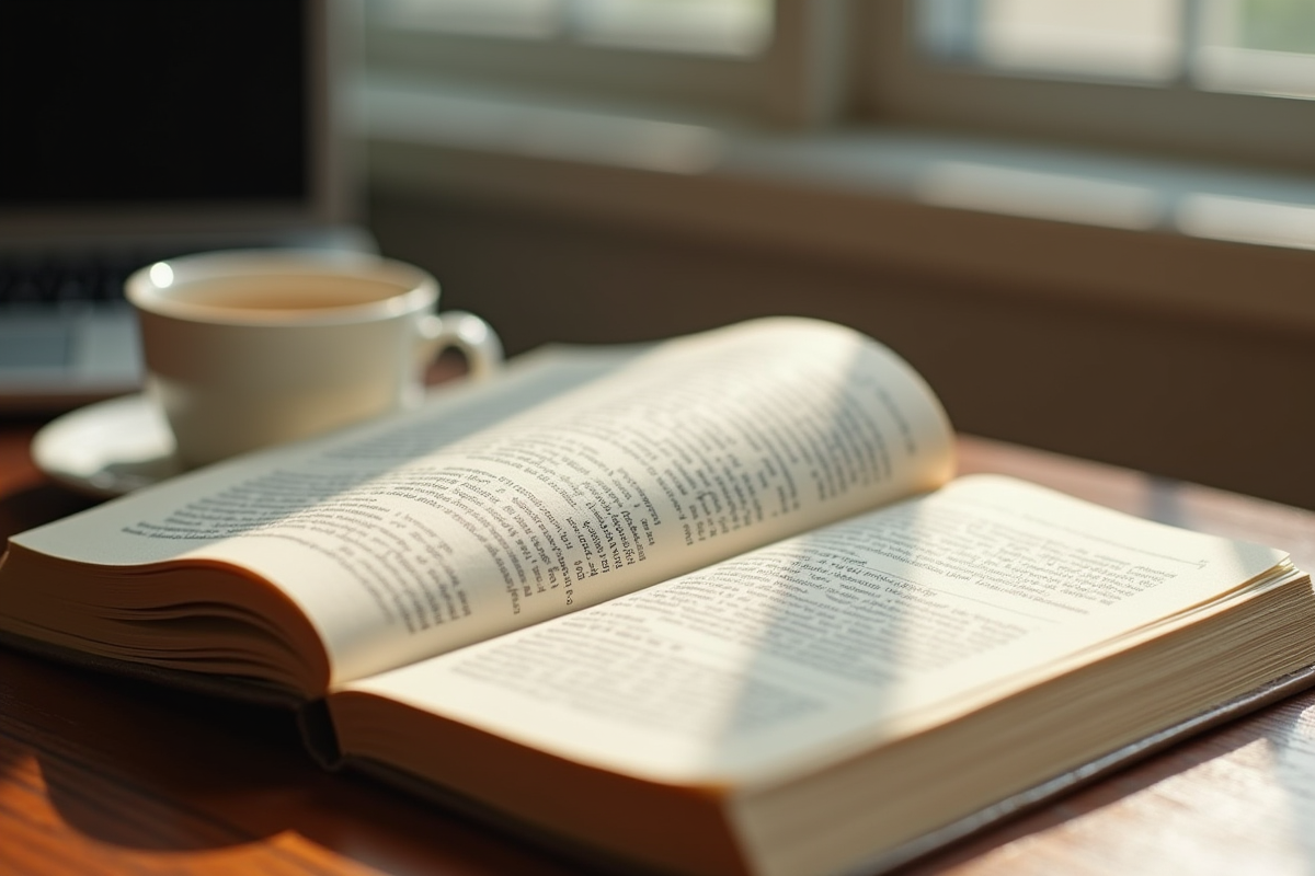 Livre de grammaire français ouvert sur un bureau en lumière naturelle