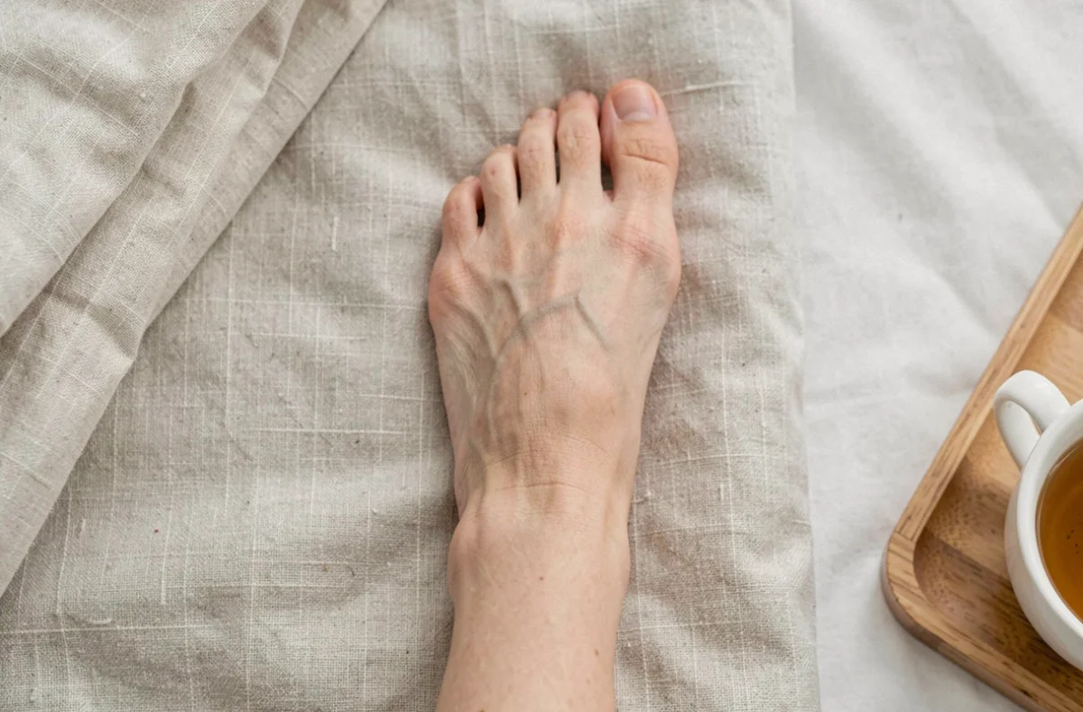 Gros plan du dessus sur un pied gauche nu posé sur du lin naturel, orteils légèrement recroquevillés, ambiance minimaliste de chambre