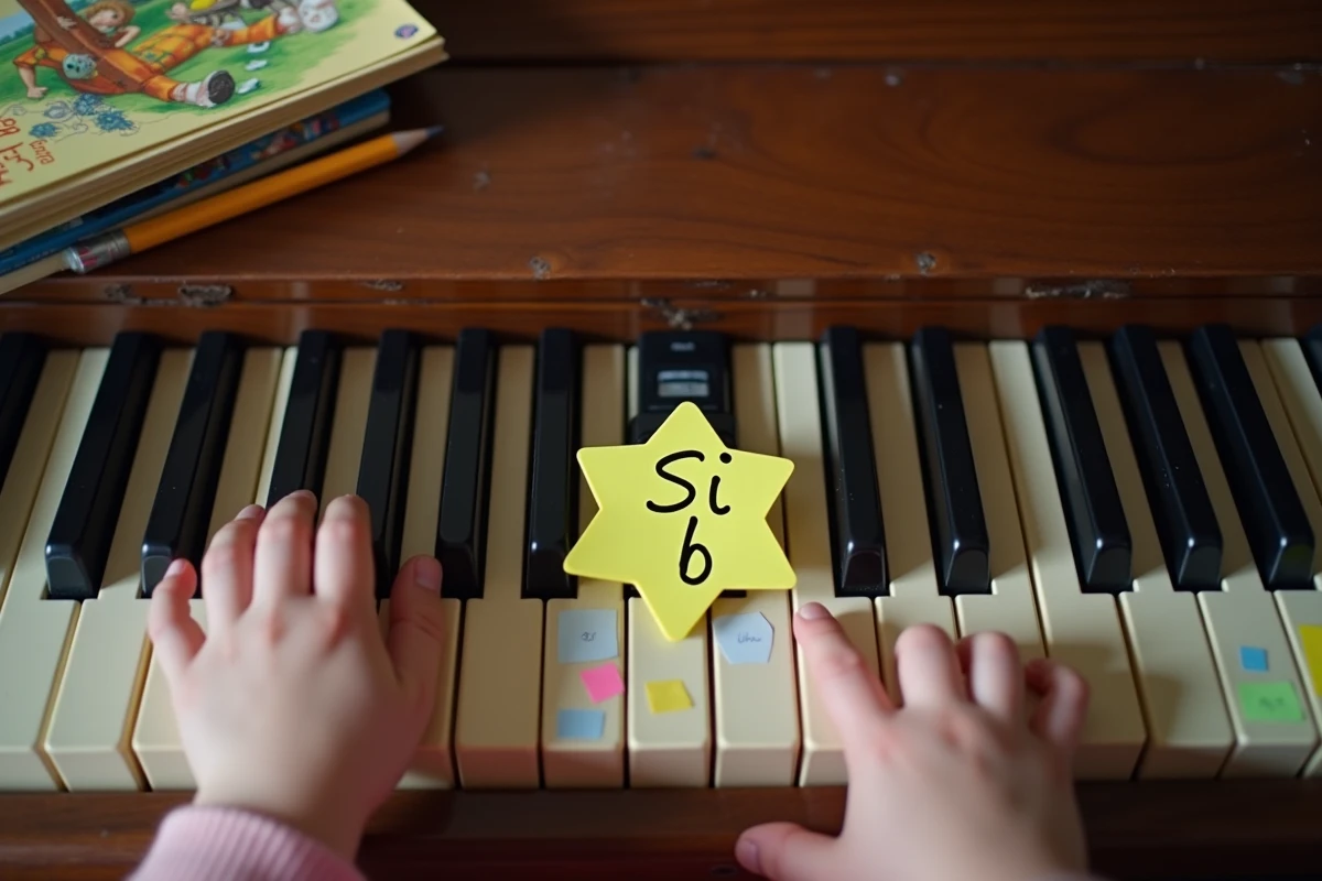 Gros plan des mains d'un enfant sur la touche si bémol du piano avec étiquette mémo colorée