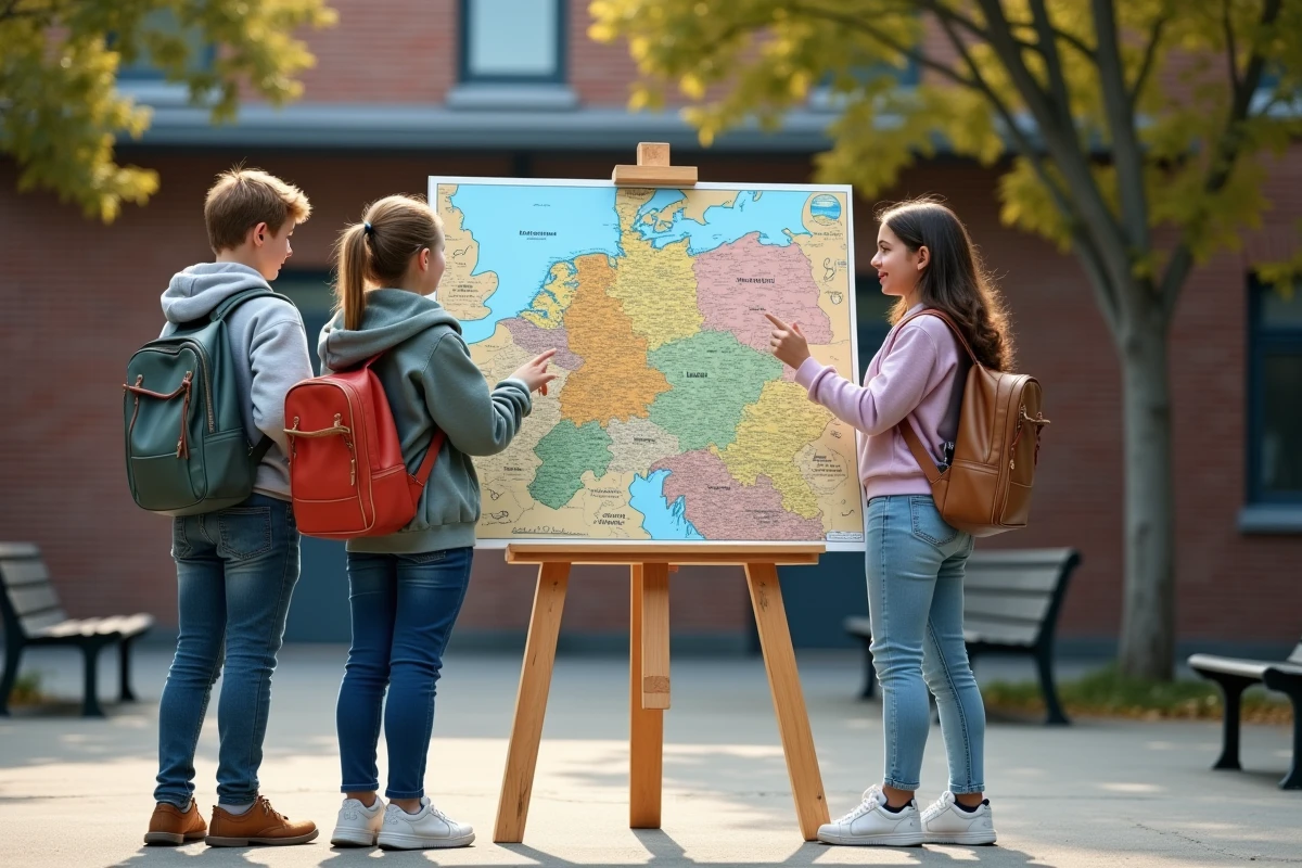 Trois adolescents discutent devant une carte de l