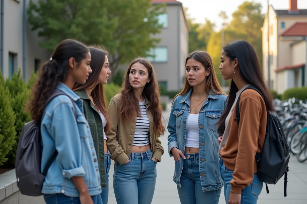 Groupe de jeunes filles discutant devant une école moderne