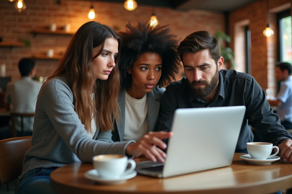 Groupe de personnes discutant d'une rumeur virale sur les réseaux sociaux autour d'un ordinateur portable dans un café