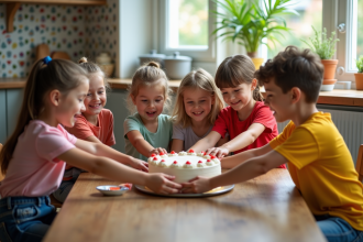 Groupe d'enfants autour d'un gâteau fait maison dans une cuisine chaleureuse