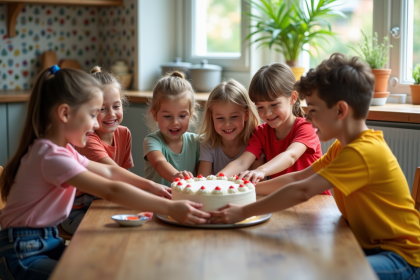 Groupe d'enfants autour d'un gâteau fait maison dans une cuisine chaleureuse