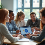 Groupe d'étudiants en étude collaborative autour d'un ordinateur