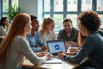 Groupe d'étudiants en étude collaborative autour d'un ordinateur