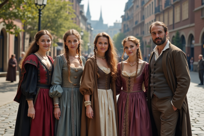 Groupe divers en costumes historiques dans une place urbaine