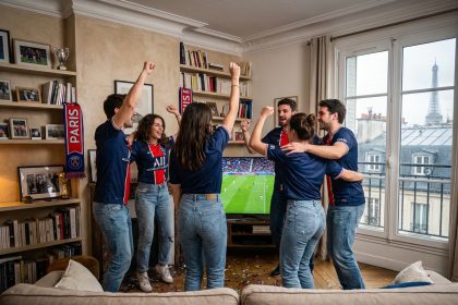 Jeunes adultes regardant un match PSG dans un salon parisien