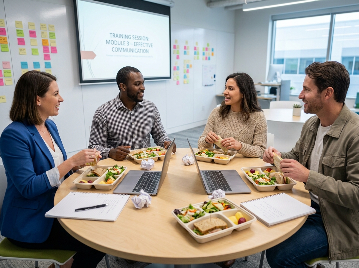 Groupe de professionnels déjeunant avec des plateaux-repas lors d'une pause de formation en entreprise