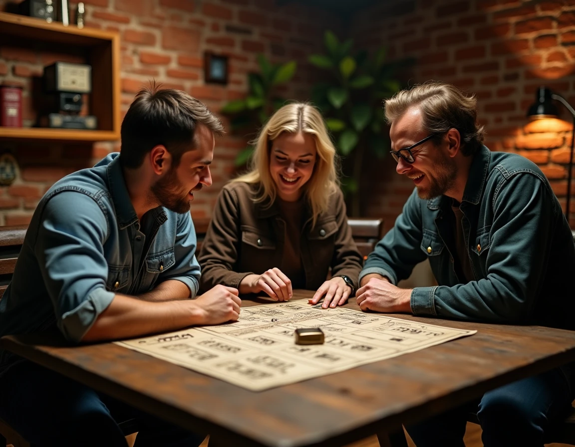Groupe d'adultes en train de résoudre des énigmes ensemble dans une salle de jeu thématique style escape room avec cadenas et cartes-indices
