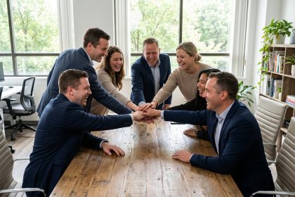 Groupe divers d'adultes souriants autour d'une table de bureau