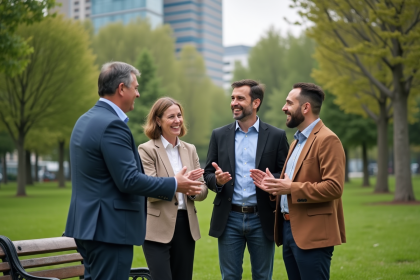 Groupe divers d'adultes en ville partageant une conversation