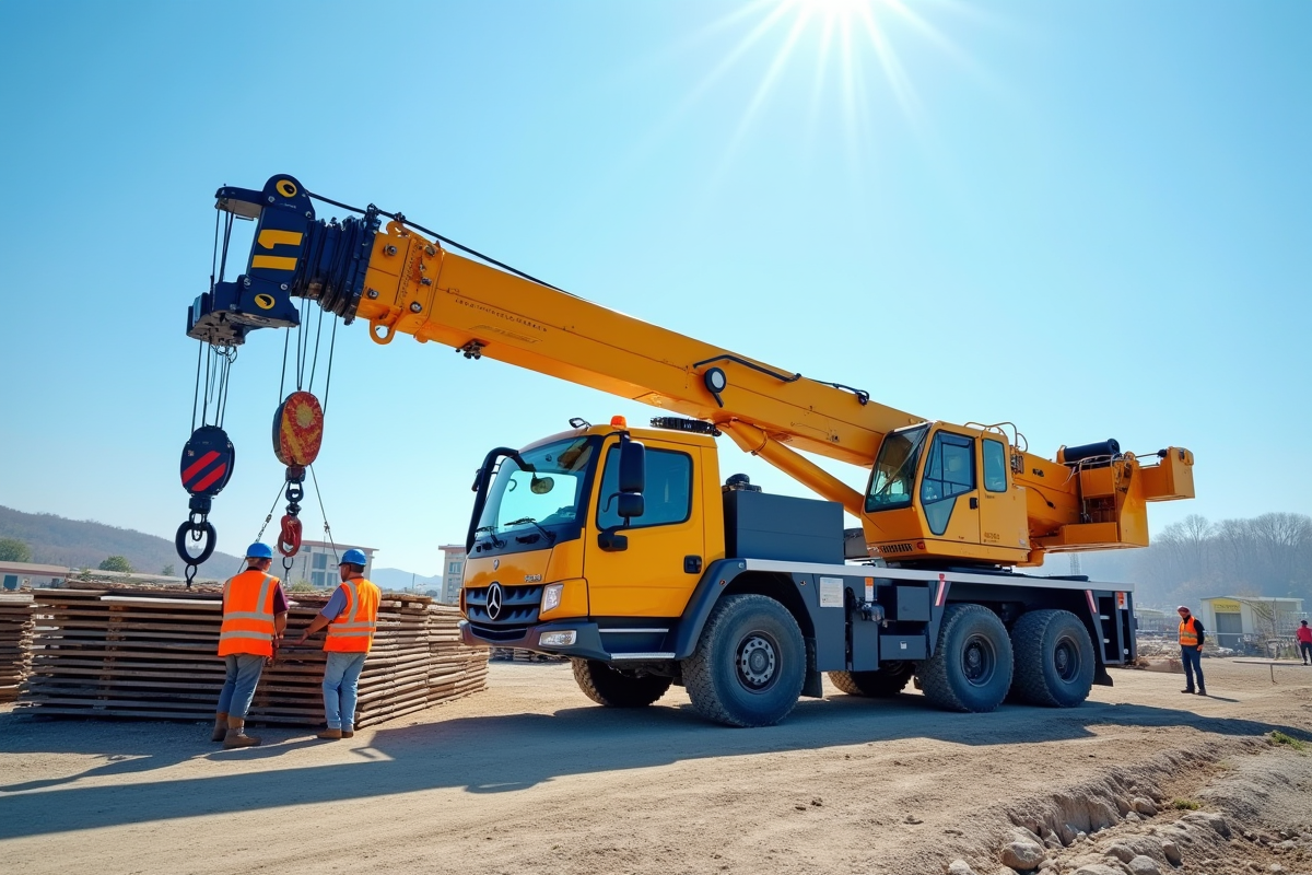 Grue de chantier en action avec ouvriers en sécurité