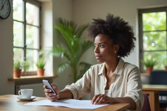 Femme regardant un horloge murale et une application de fuseau horaire sur smartphone dans un bureau à Cayenne en Guyane française