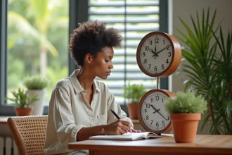 Femme mélanésienne comparant deux horloges murales indiquant l'heure à Paris et à Nouméa en Nouvelle-Calédonie