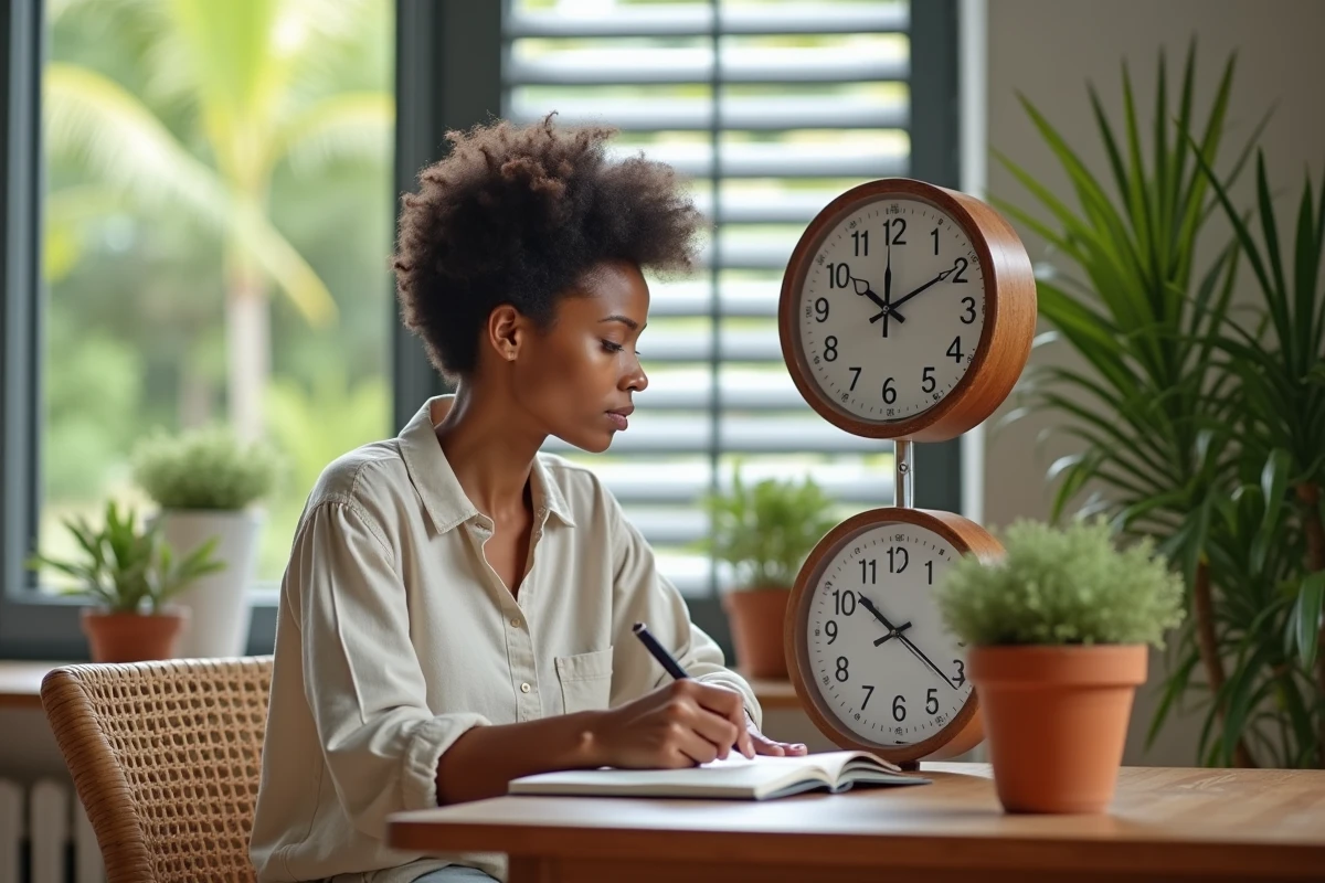 Femme mélanésienne comparant deux horloges murales indiquant l'heure à Paris et à Nouméa en Nouvelle-Calédonie