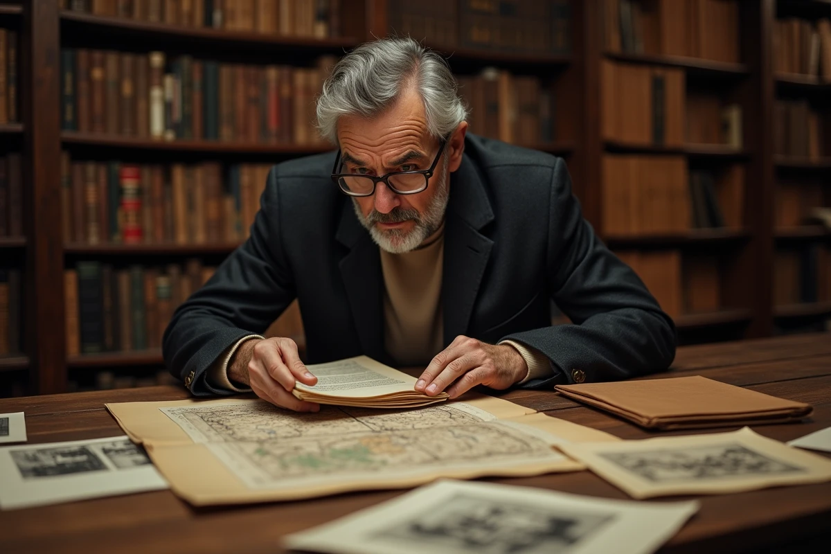 Historien examinant des cartes et documents d'archives de la Seconde Guerre mondiale dans une salle d'archives, en lien avec la chute de Berlin et la fin du IIIe Reich