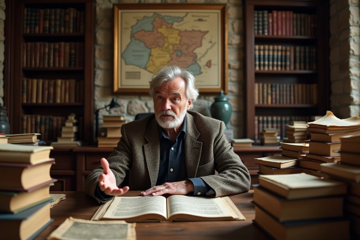 Historien spécialisé en histoire médiévale française consultant un manuscrit enluminé sur les crises de folie de Charles VI