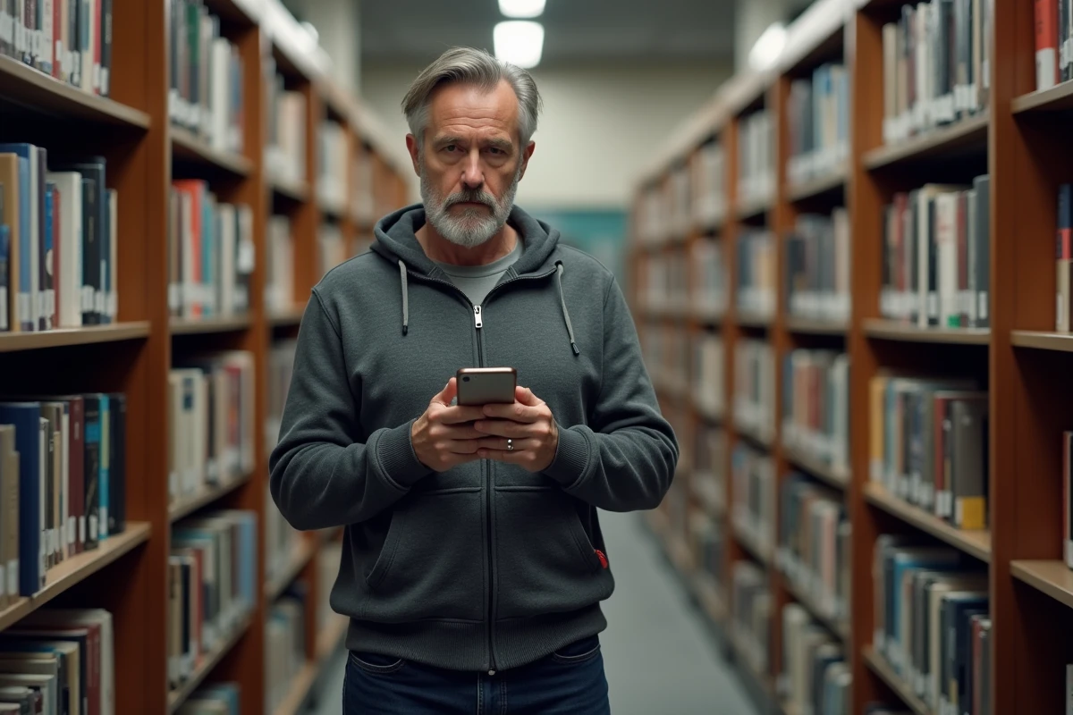 Homme consultant une plateforme d'ebooks sur smartphone dans une bibliothèque publique