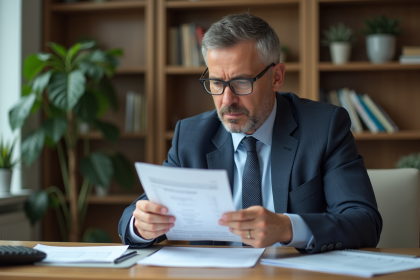 Homme d'affaires concentré avec documents et calculatrice
