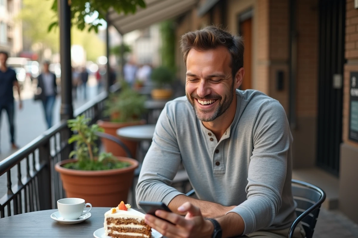 Homme d'une quarantaine d'années souriant à un message d'anniversaire humoristique sur son téléphone en terrasse de café