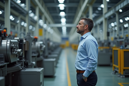 Homme d'âge moyen observant une ligne de production automatisée