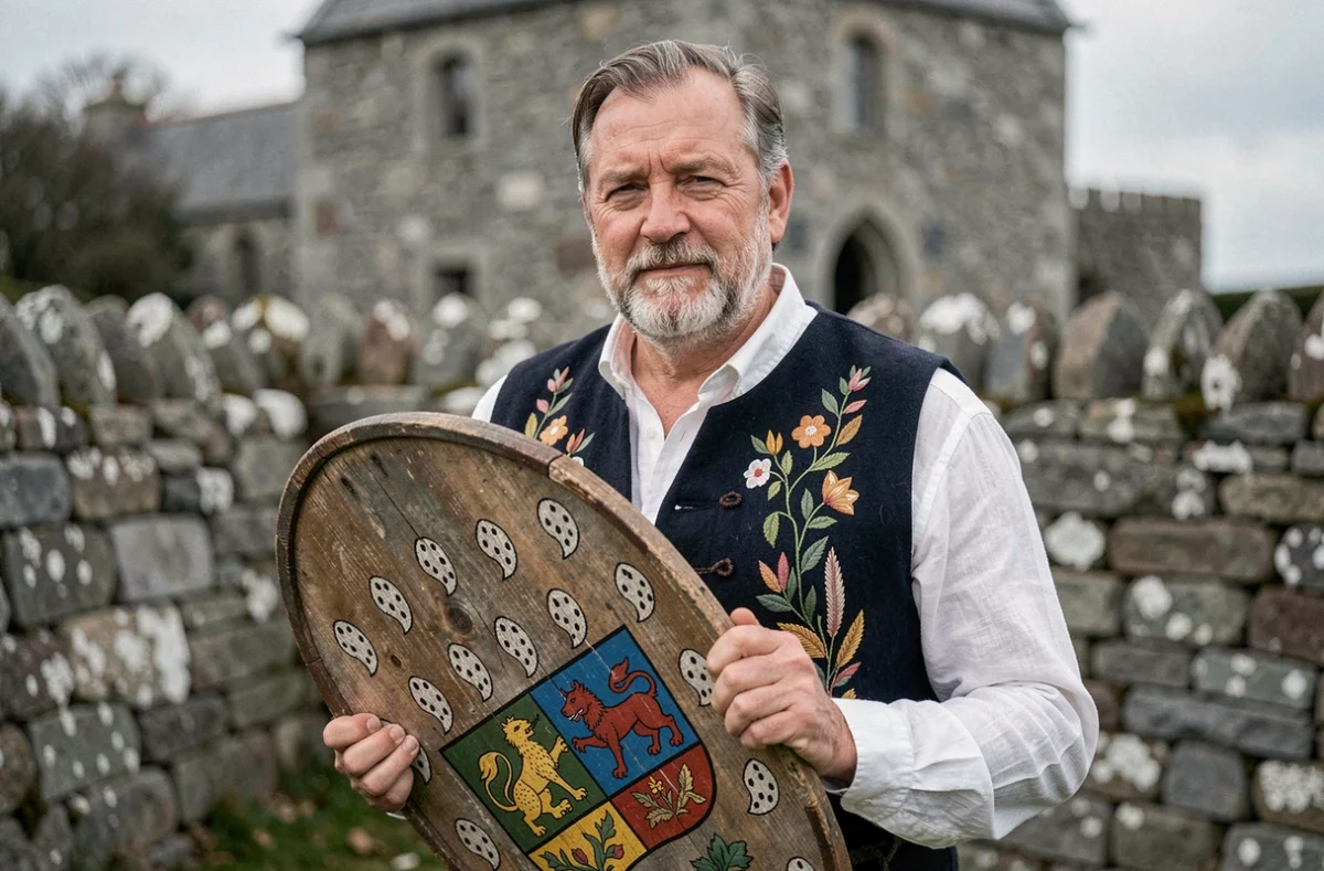 Homme breton en costume traditionnel tenant un écu aux hermines devant un enclos paroissial en pierre