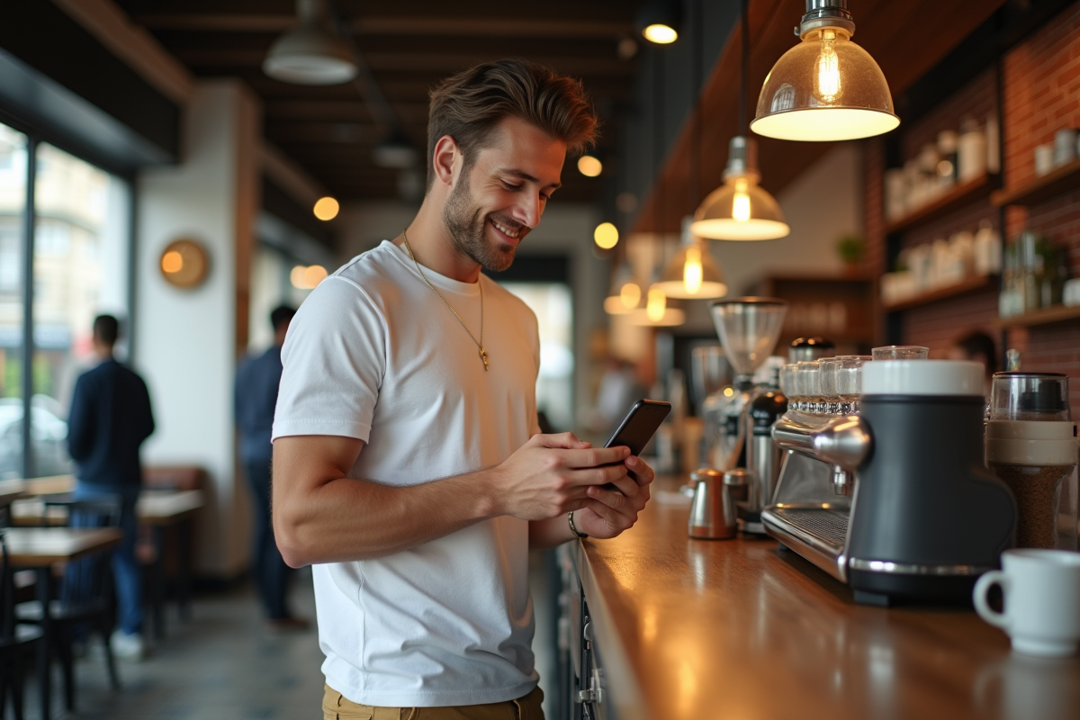 Jeune homme dans un café utilisant son smartphone