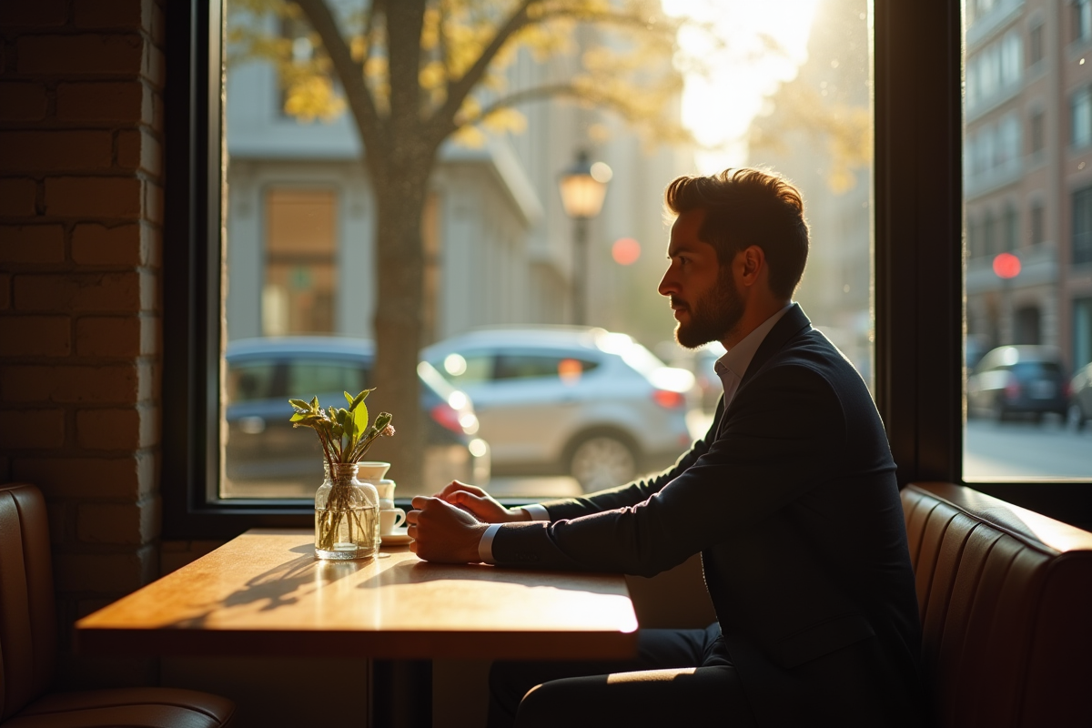 Homme assis dans un café avec lumière naturelle