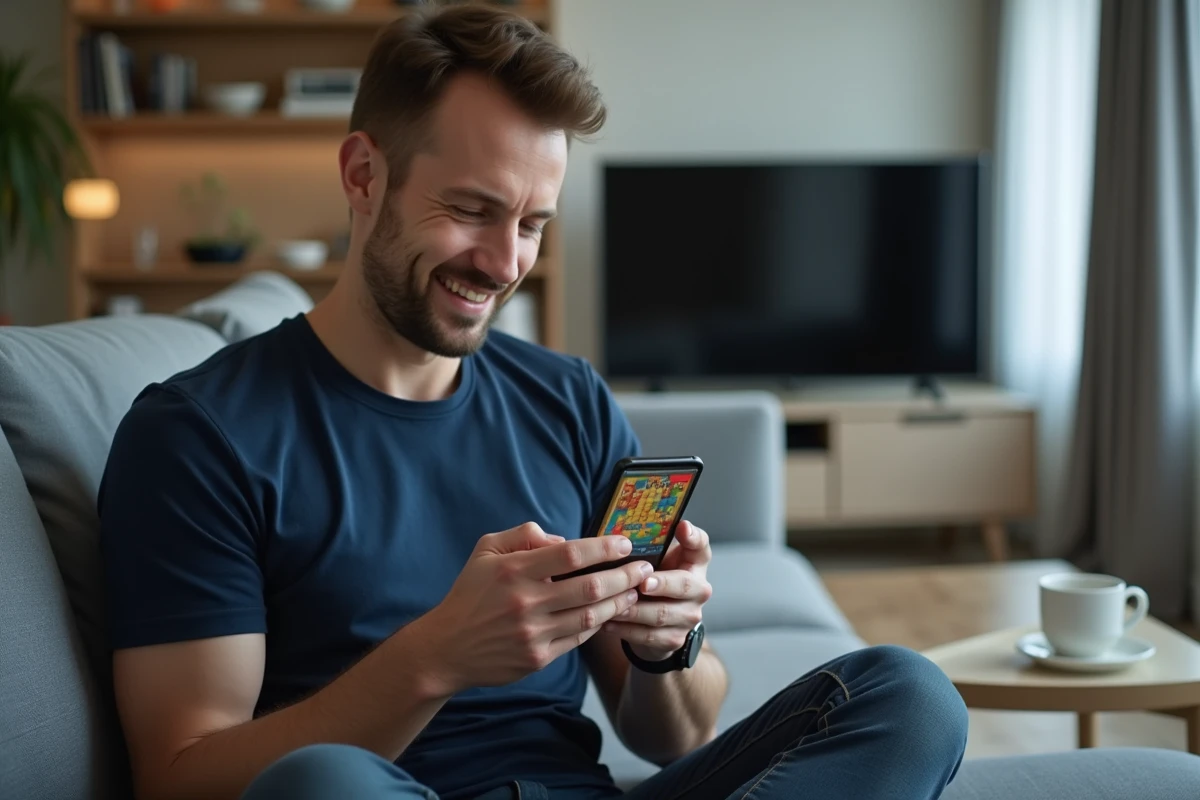Homme détendu sur un canapé jouant à Monopoly GO sur mobile avec des liens de dés gratuits