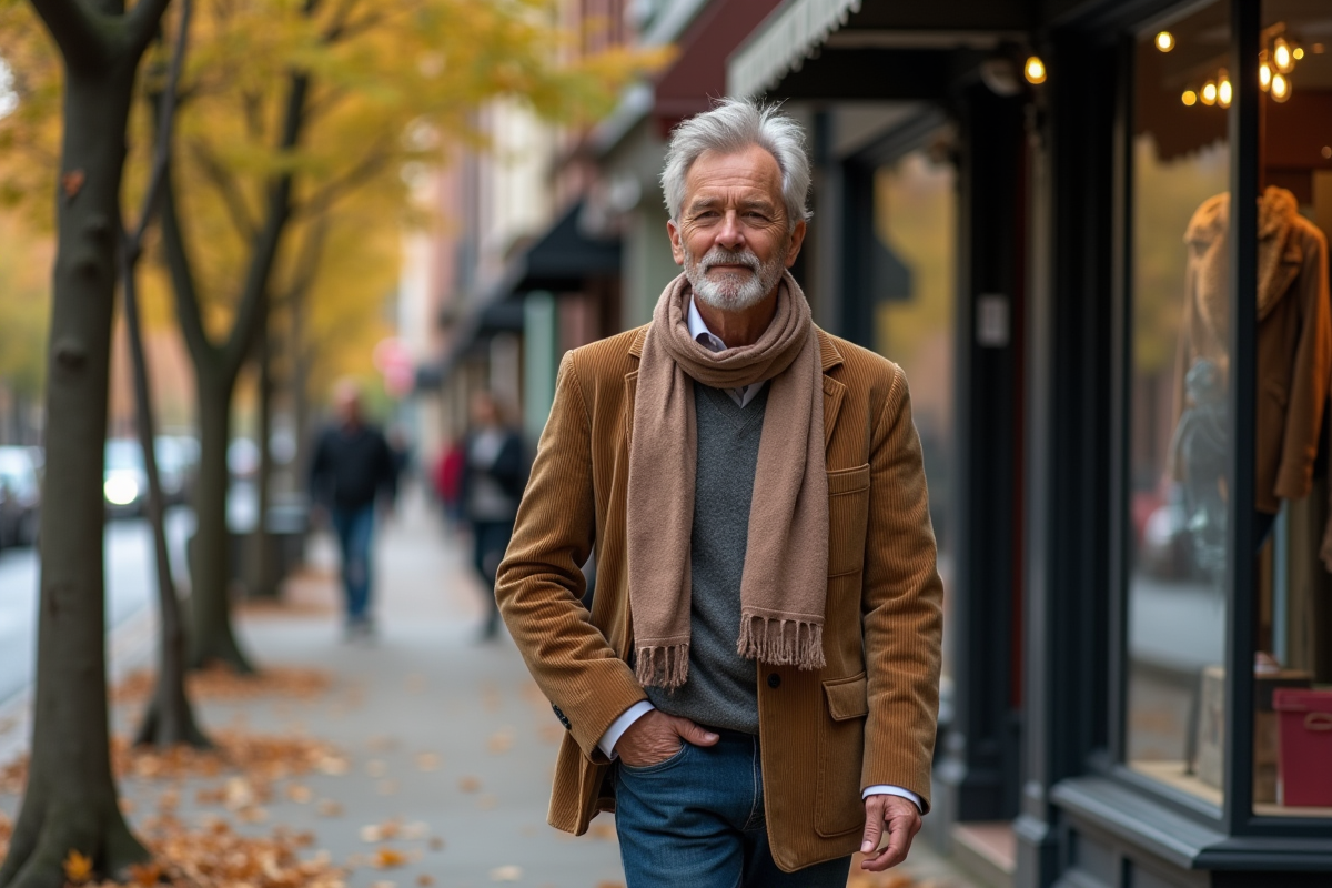 Homme marche dans une rue avec boutique de seconde main