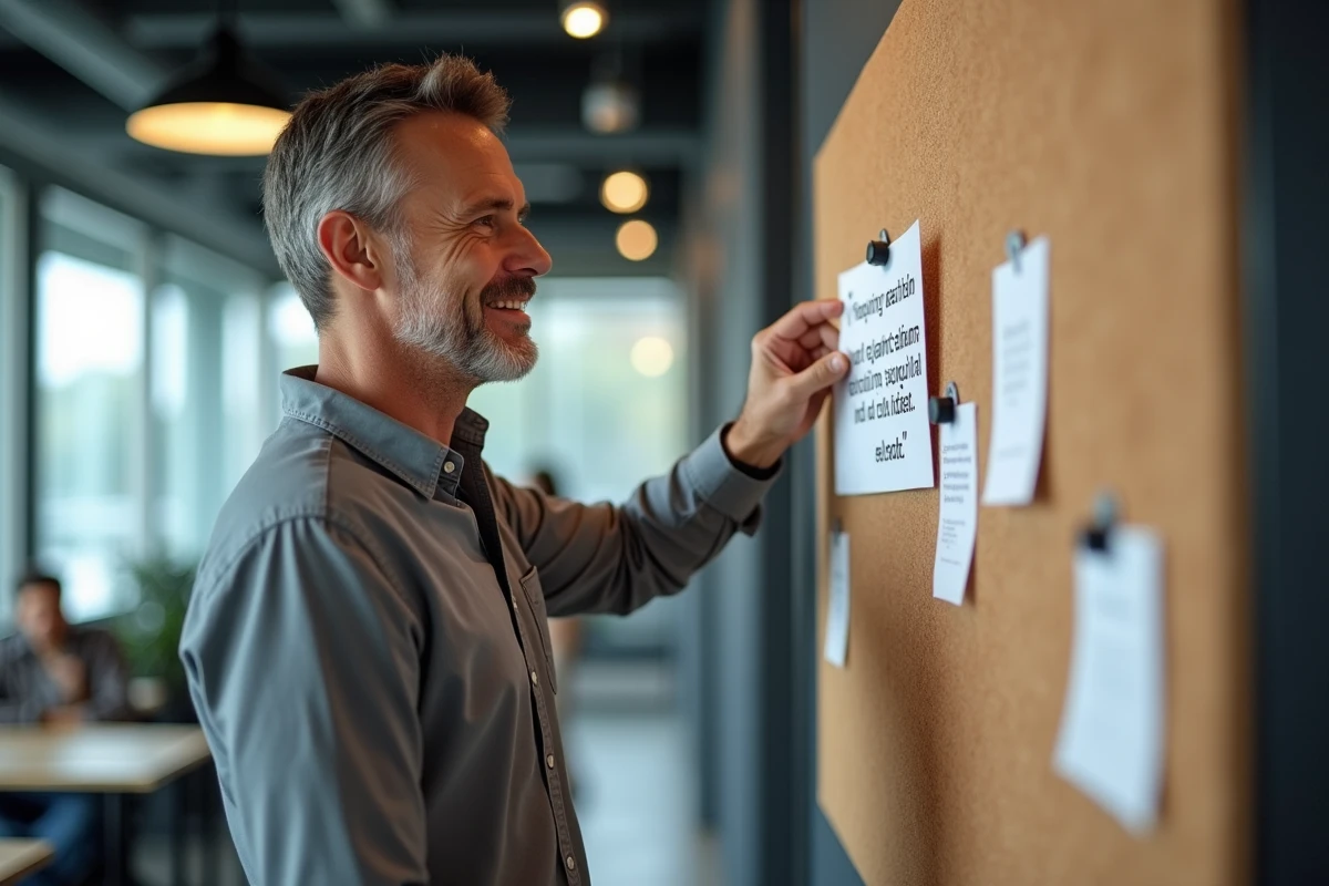 Homme affichant une citation inspirante dans un espace de travail