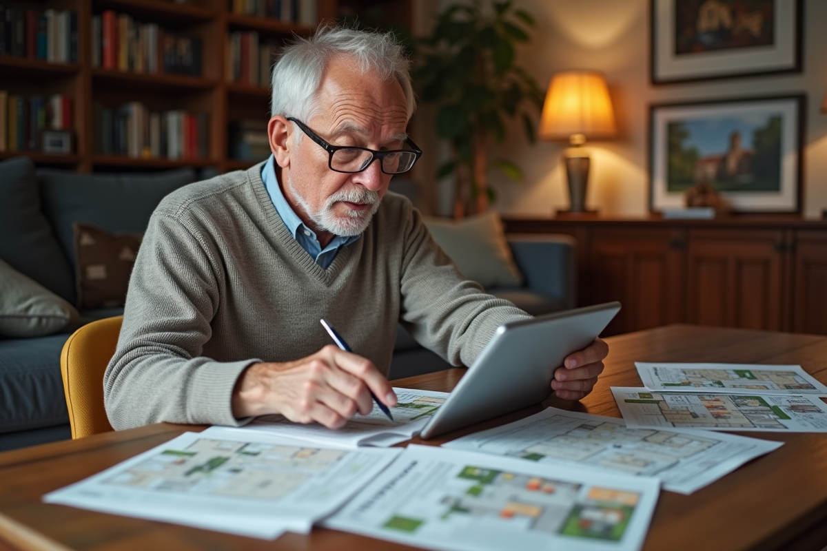 Homme d age moyen compare des annonces immobilières sur table