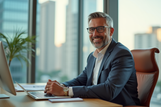 Homme confiant assis dans un bureau moderne en ville