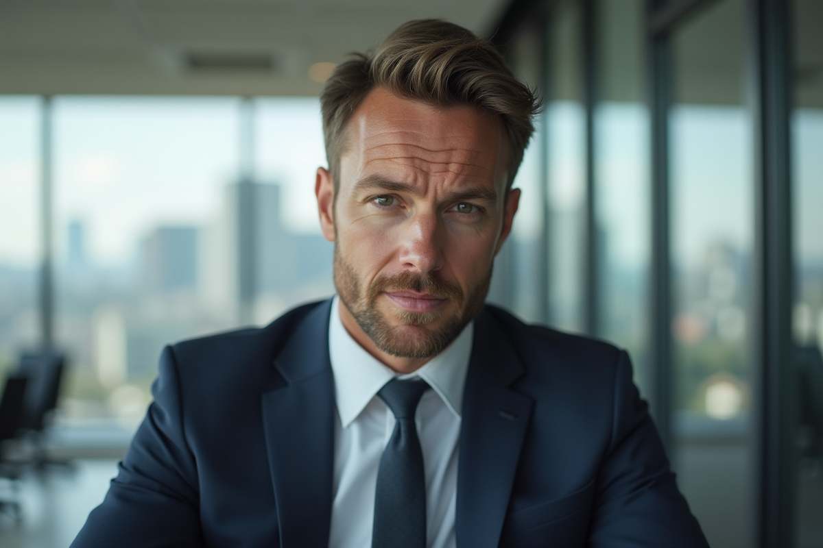 Homme d'affaires confiant dans un bureau moderne avec vue urbaine