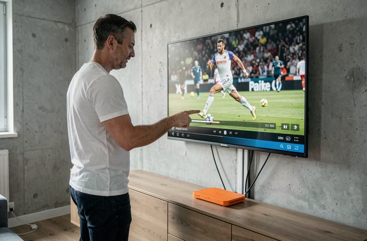Homme configurant le décodeur Orange TV pour contrôler le direct et gérer les enregistrements