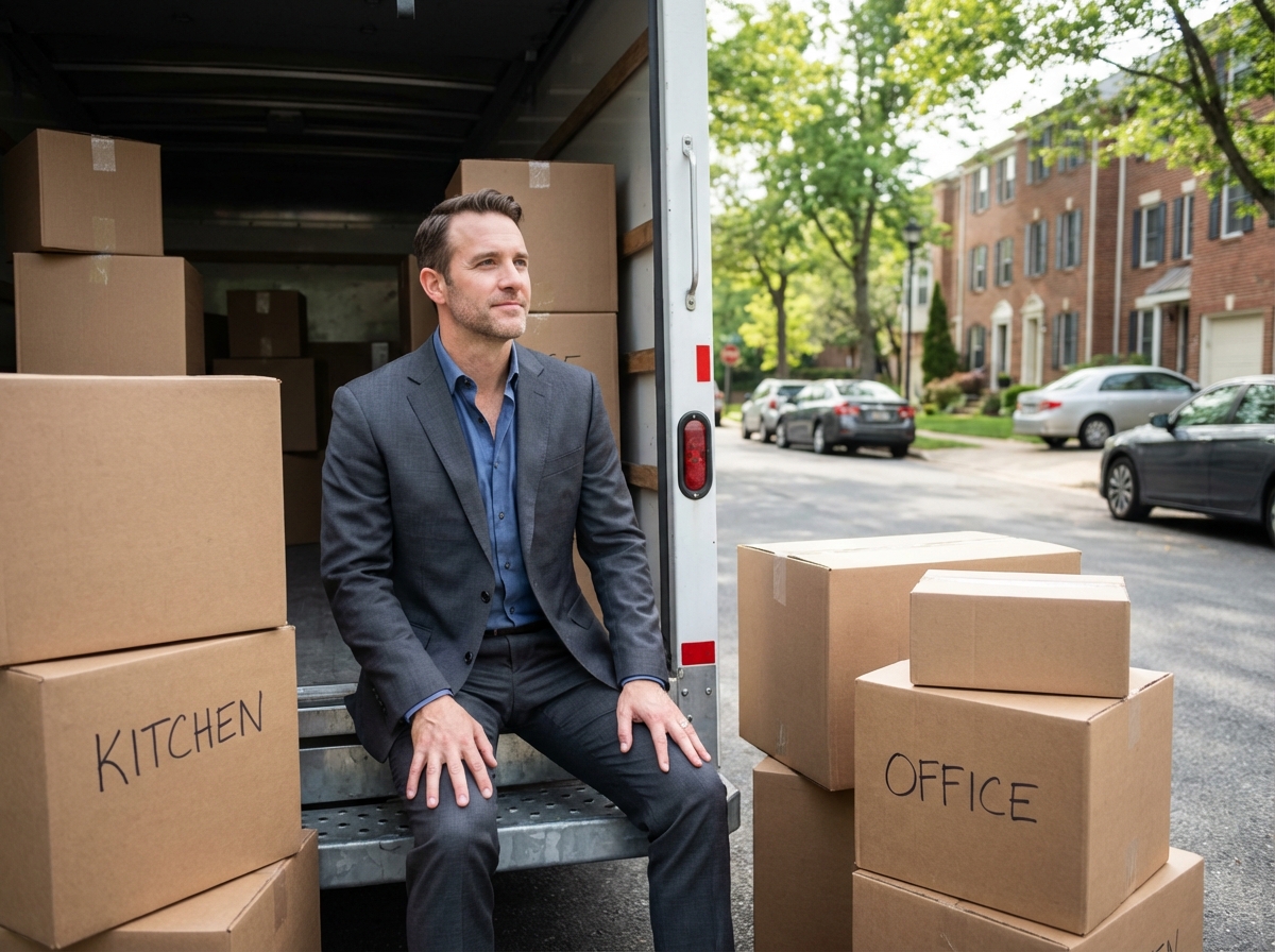 Homme assis sur la voiture de déménagement avec cartons