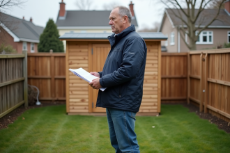 Homme d'âge moyen devant un abri de jardin en suburbia