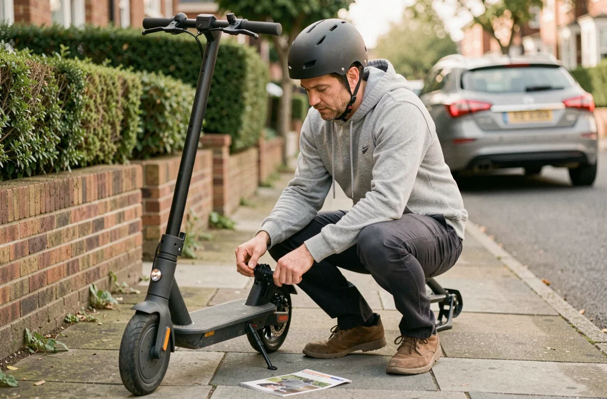Homme adulte en train d'inspecter sa trottinette électrique avant sa première utilisation, manuel d'utilisation posé au sol