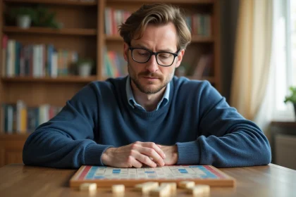 Homme d'âge moyen jouant au Scrabble dans la cuisine